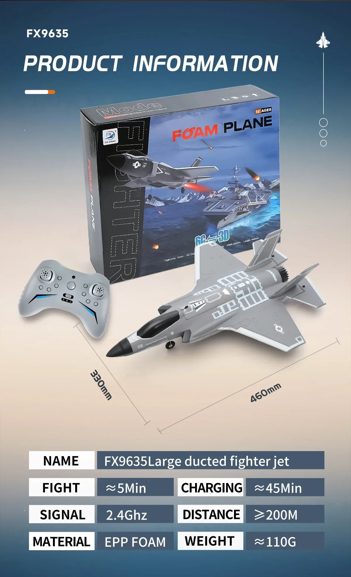 Avião RC F35 FX9635 – Jato 2.4G 4 Canais com Motor Brushless | Presente Ideal para Adultos e Jovens