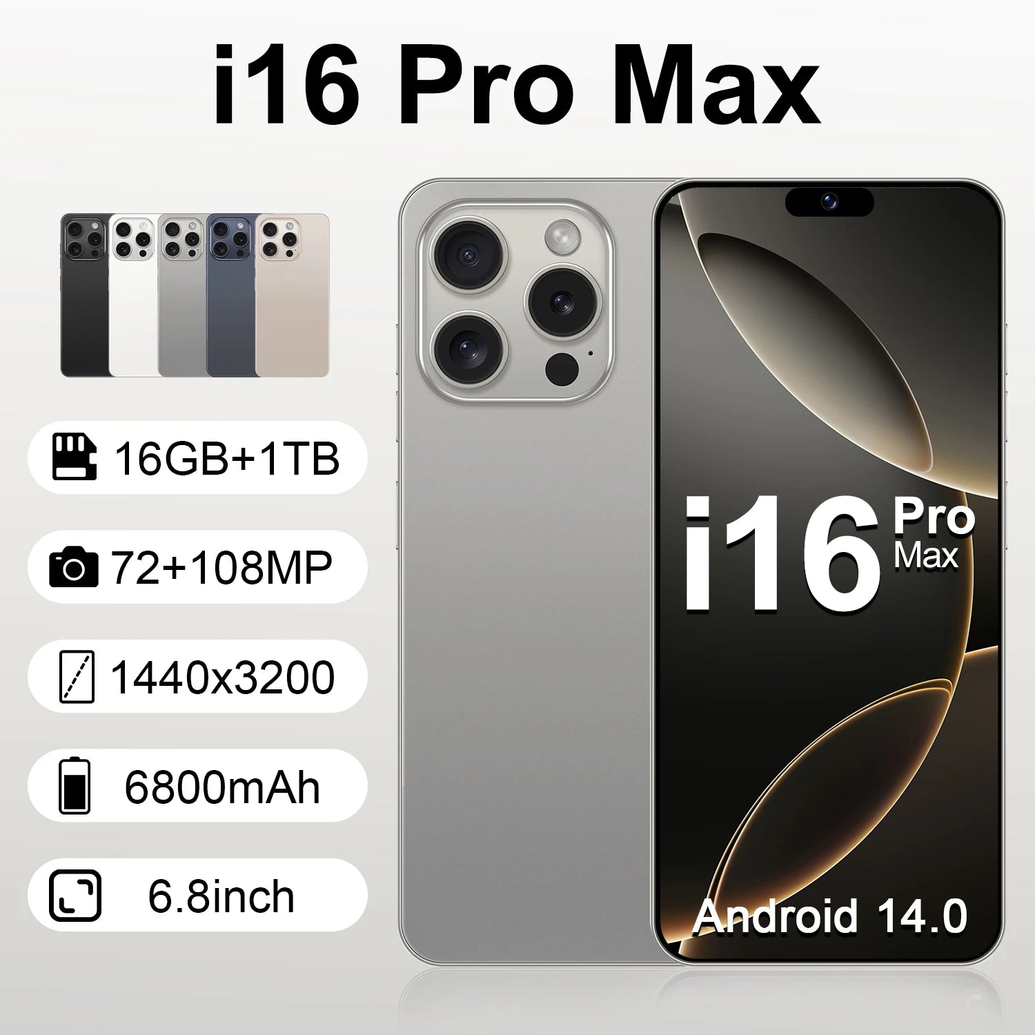i16 Pro Max 2026 – Tela HD de 6,8”, Dual SIM, Bateria de 6800mAh, Reconhecimento Facial