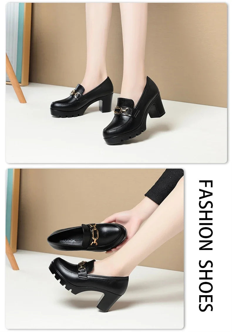 Sapato Feminino de Salto Alto Grosso em Couro Sintético – Conforto e Elegância para Trabalho