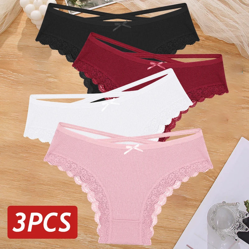 3 Calcinhas femininas de algodão, sexy, cintura baixa, renda, calcinha, macia, respirável, lingerie feminina íntima.
