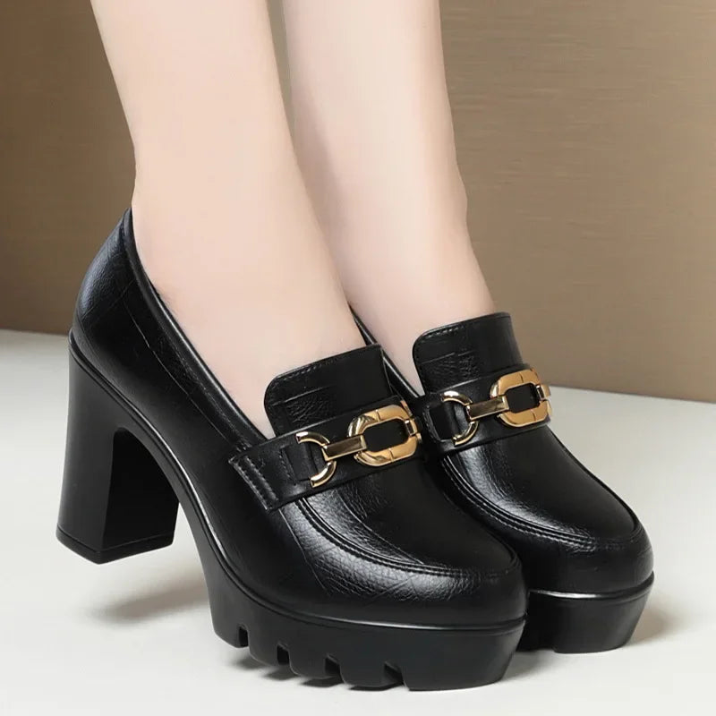 Sapato Feminino de Salto Alto Grosso em Couro Sintético – Conforto e Elegância para Trabalho