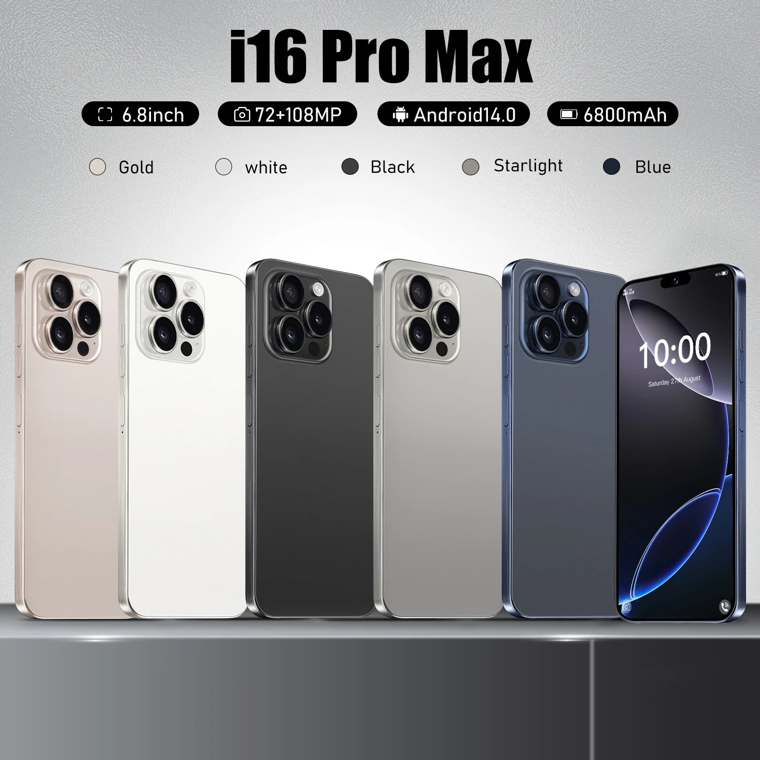 i16 Pro Max 2026 – Tela HD de 6,8”, Dual SIM, Bateria de 6800mAh, Reconhecimento Facial