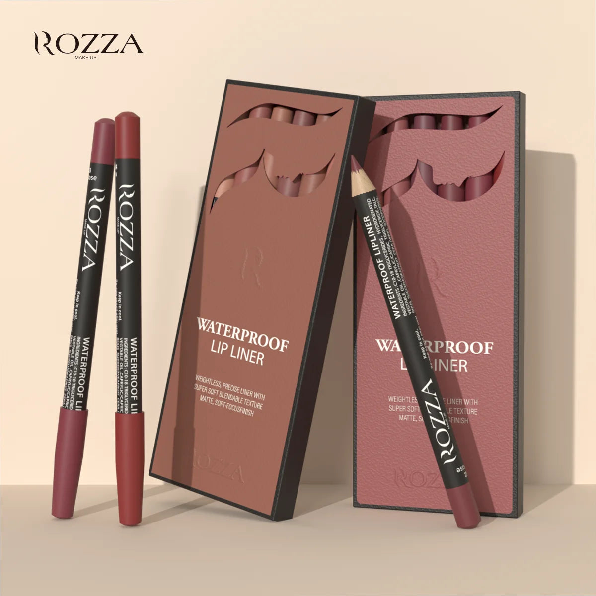 Kit Lápis de Contorno Labial Rozza Matte à Prova d’Água – Traço Preciso e Textura Suave