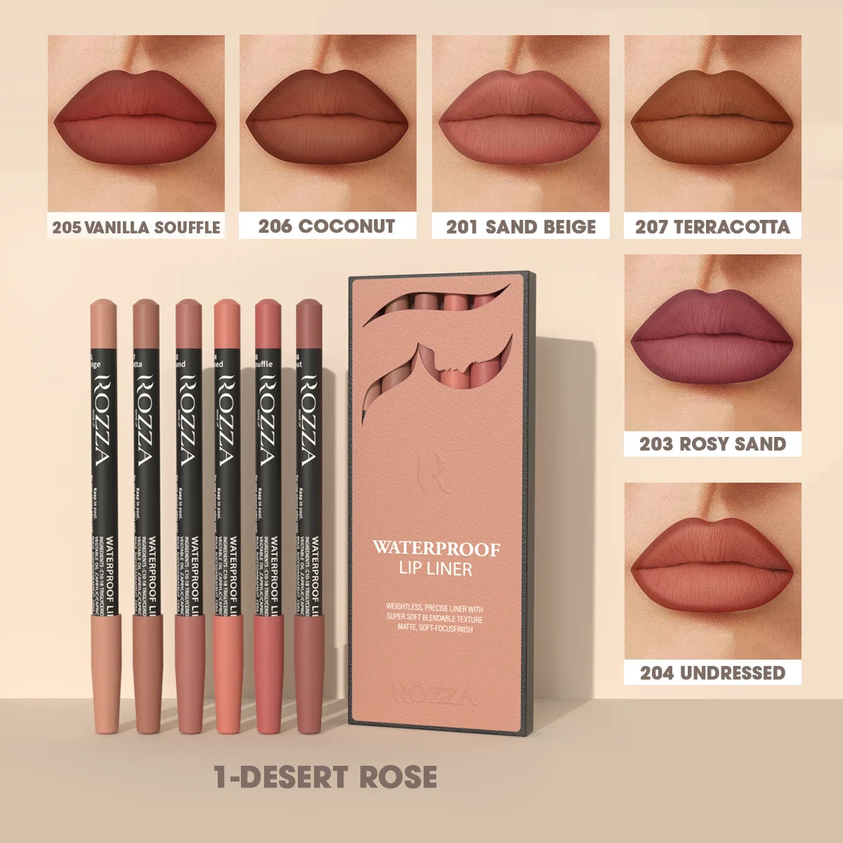 Kit Lápis de Contorno Labial Rozza Matte à Prova d’Água – Traço Preciso e Textura Suave