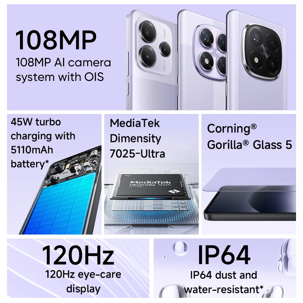 Novo smartphone Xiaomi Redmi Note 14 com tela OLED de 6,67 polegadas e taxa de atualização de 120Hz, processador MTK Dimensibility 7025-Ultra, bateria de 5500mAh, bateria de 45W, câmera de 50MP com OIS, certificação IP64