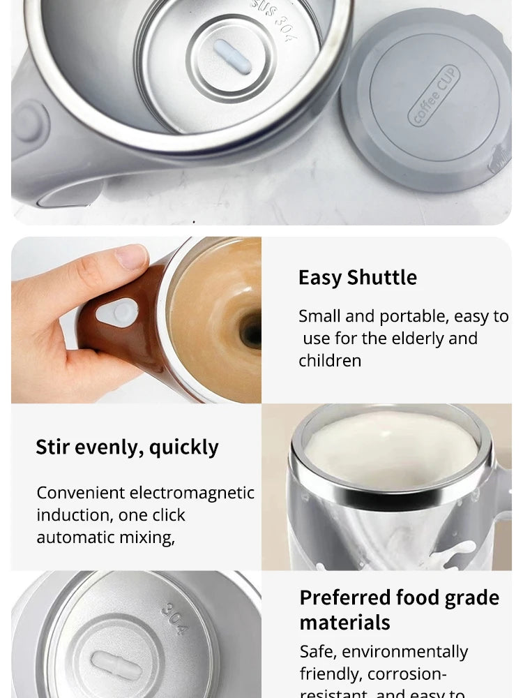 Caneca Misturadora Automática Elétrica Recarregável – Copo de Café Portátil em Aço Inoxidável com Sistema Magnético Giratório