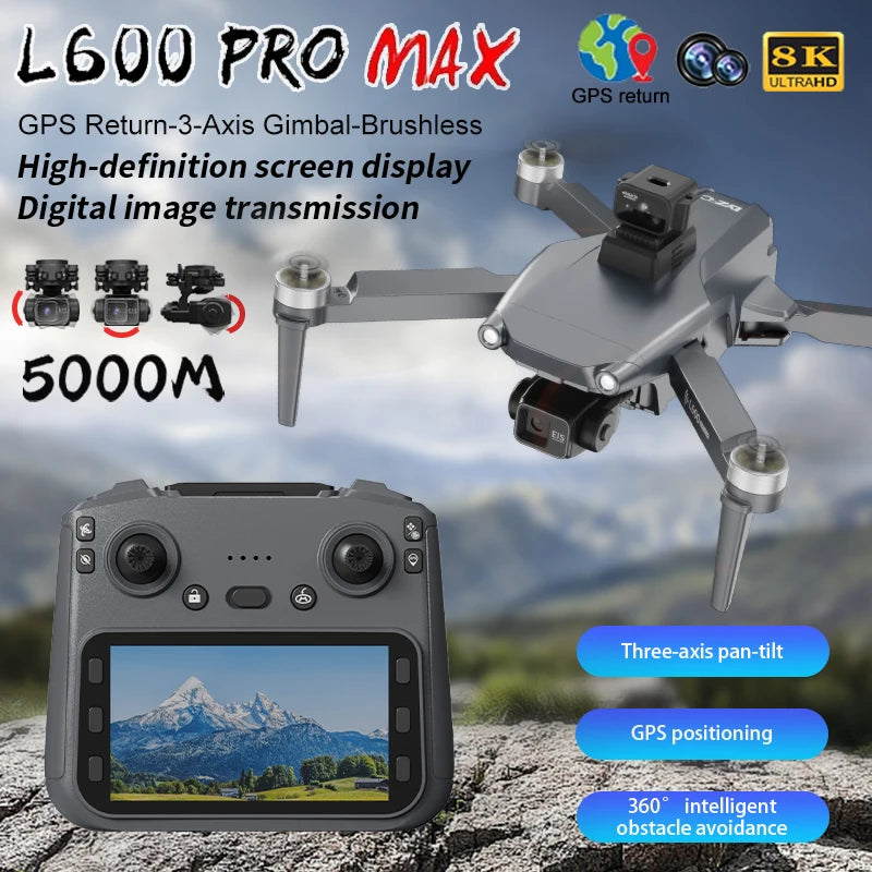 Drone Profissional L600 Pro Max – Câmera 8K, Gimbal 3 Eixos, Wi-Fi, Evitação de Obstáculos 360°, Tela Grande, FPV, Motor Brushless