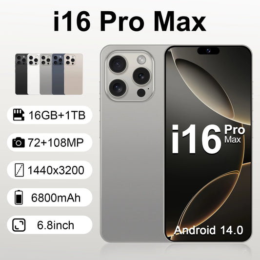 I16 Pro Max 2026 Novo HOT 6,8 polegadas HD Edição Global Original Smart Dual Card Bateria 6800mAh Função de reconhecimento facial