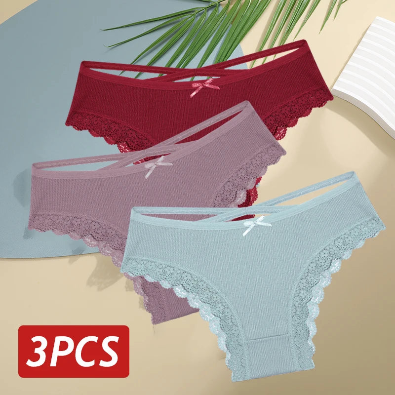 3 Calcinhas femininas de algodão, sexy, cintura baixa, renda, calcinha, macia, respirável, lingerie feminina íntima.