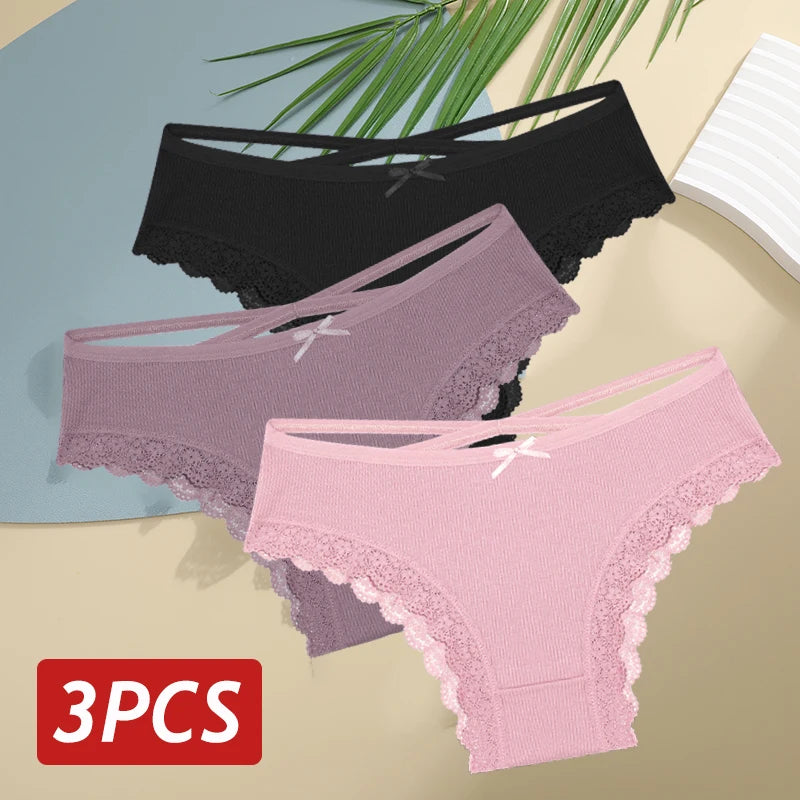 3 Calcinhas femininas de algodão, sexy, cintura baixa, renda, calcinha, macia, respirável, lingerie feminina íntima.