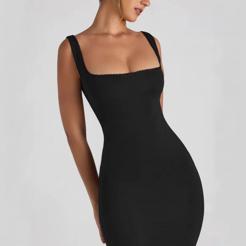 Vestido bodycon moderno e sexy com decote quadrado