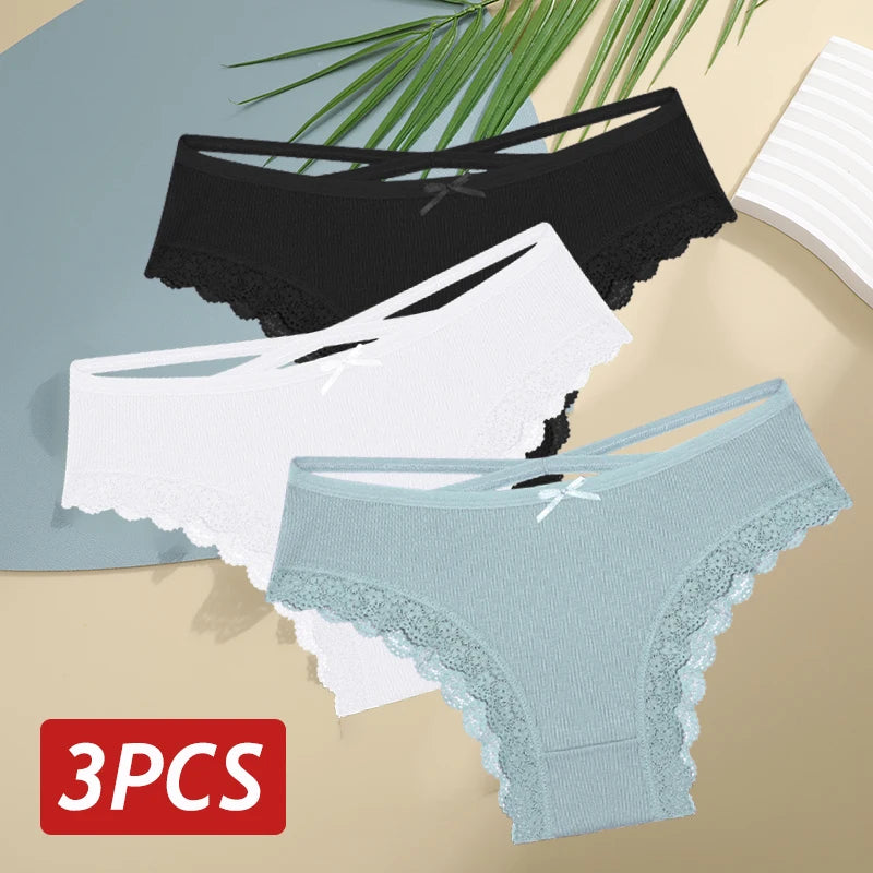 3 Calcinhas femininas de algodão, sexy, cintura baixa, renda, calcinha, macia, respirável, lingerie feminina íntima.