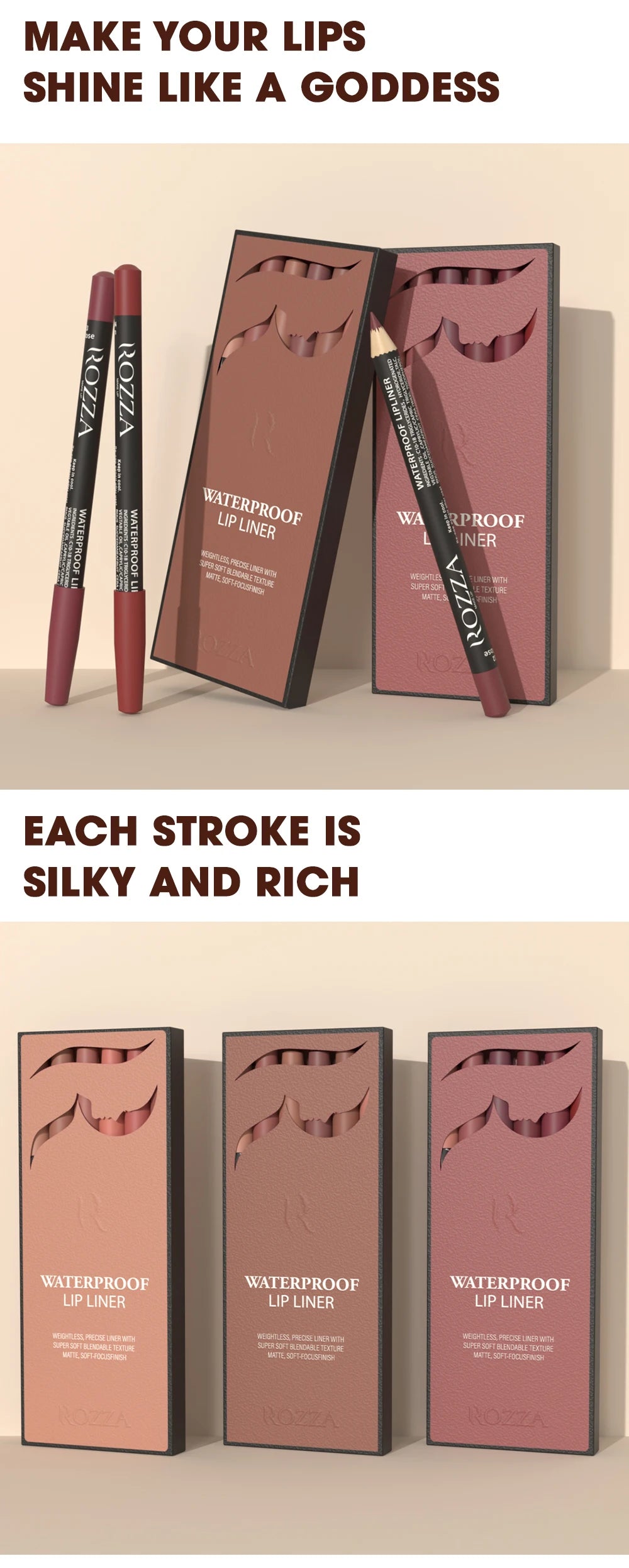 Kit Lápis de Contorno Labial Rozza Matte à Prova d’Água – Traço Preciso e Textura Suave