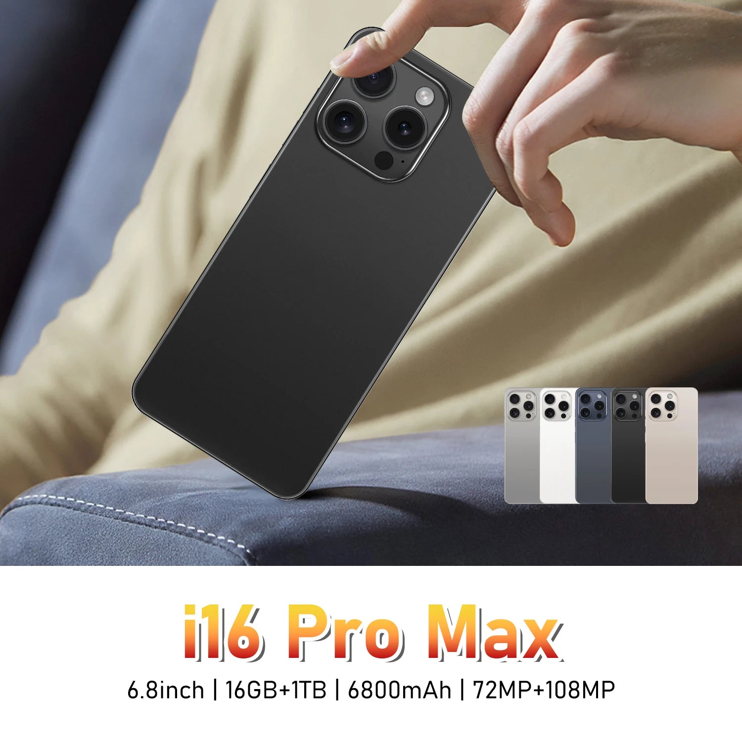 i16 Pro Max 2026 – Tela HD de 6,8”, Dual SIM, Bateria de 6800mAh, Reconhecimento Facial