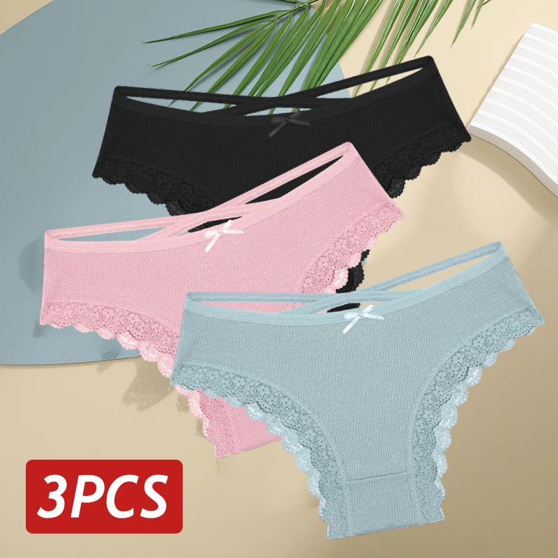 3 Calcinhas femininas de algodão, sexy, cintura baixa, renda, calcinha, macia, respirável, lingerie feminina íntima.