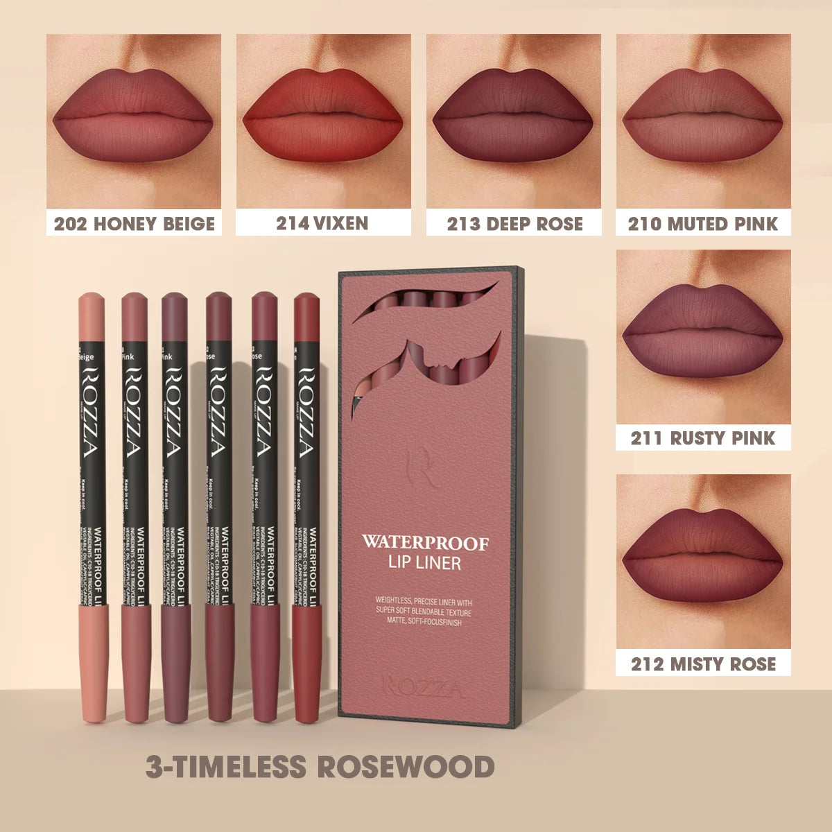 Kit Lápis de Contorno Labial Rozza Matte à Prova d’Água – Traço Preciso e Textura Suave