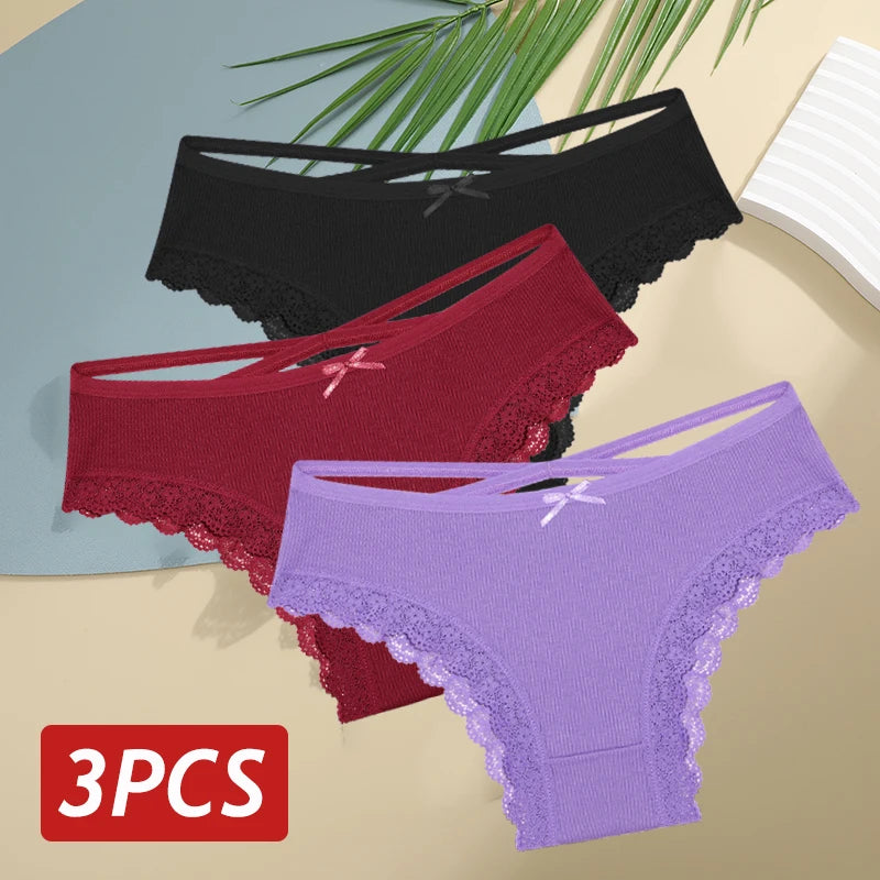 3 Calcinhas femininas de algodão, sexy, cintura baixa, renda, calcinha, macia, respirável, lingerie feminina íntima.