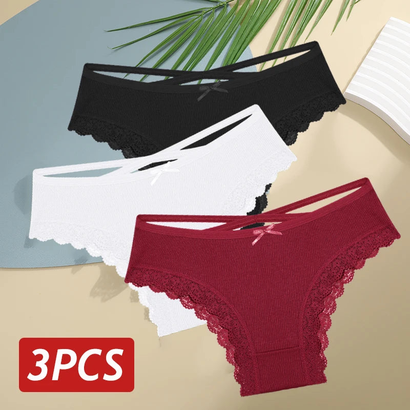 3 Calcinhas femininas de algodão, sexy, cintura baixa, renda, calcinha, macia, respirável, lingerie feminina íntima.