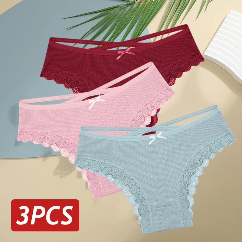 3 Calcinhas femininas de algodão, sexy, cintura baixa, renda, calcinha, macia, respirável, lingerie feminina íntima.
