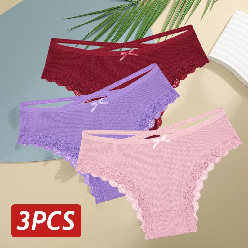 3 Calcinhas femininas de algodão, sexy, cintura baixa, renda, calcinha, macia, respirável, lingerie feminina íntima.