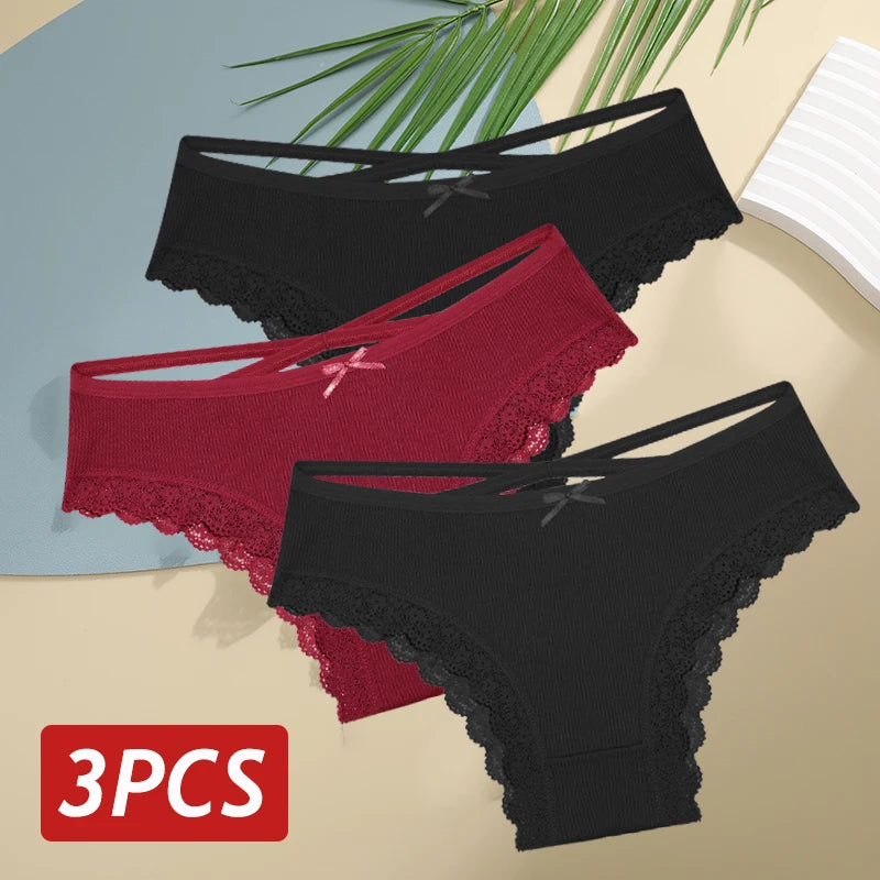 3 Calcinhas femininas de algodão, sexy, cintura baixa, renda, calcinha, macia, respirável, lingerie feminina íntima.