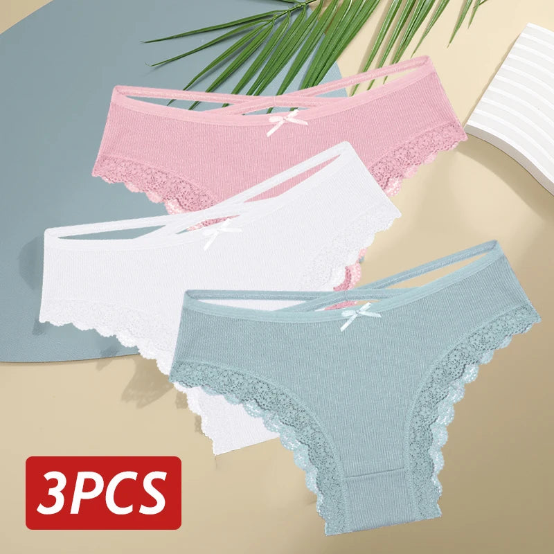 3 Calcinhas femininas de algodão, sexy, cintura baixa, renda, calcinha, macia, respirável, lingerie feminina íntima.