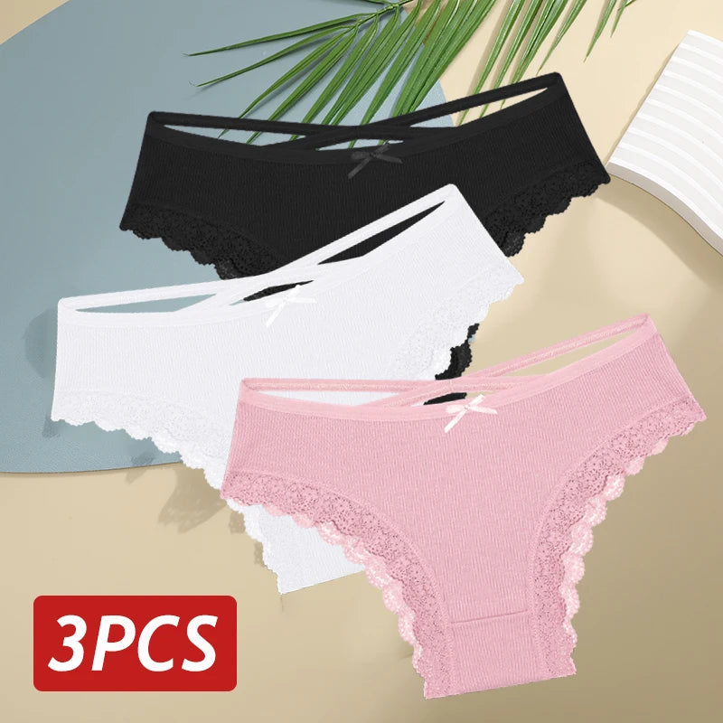 3 Calcinhas femininas de algodão, sexy, cintura baixa, renda, calcinha, macia, respirável, lingerie feminina íntima.